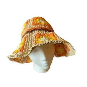 Steve Madden Orange and Yellow Granny Square Sun Hat Floppy Hat